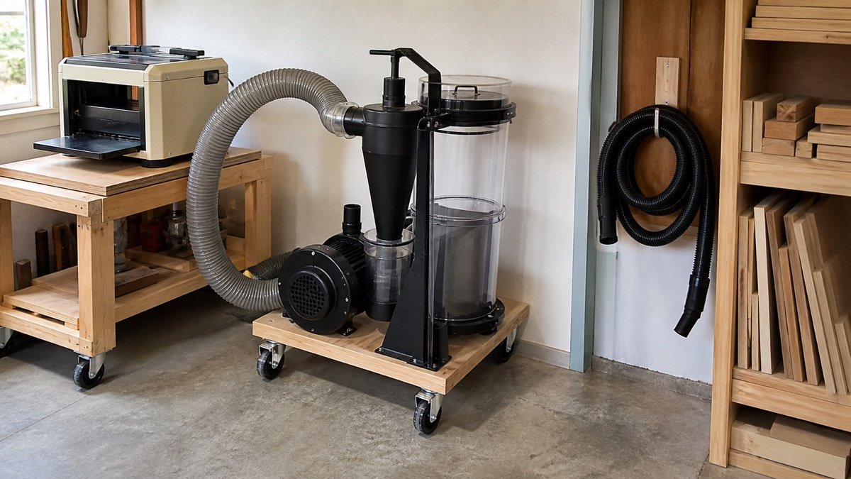 Mobile cyclone dust collection cart parked beside an unplugged benchtop planer and a coiled vacuum hose