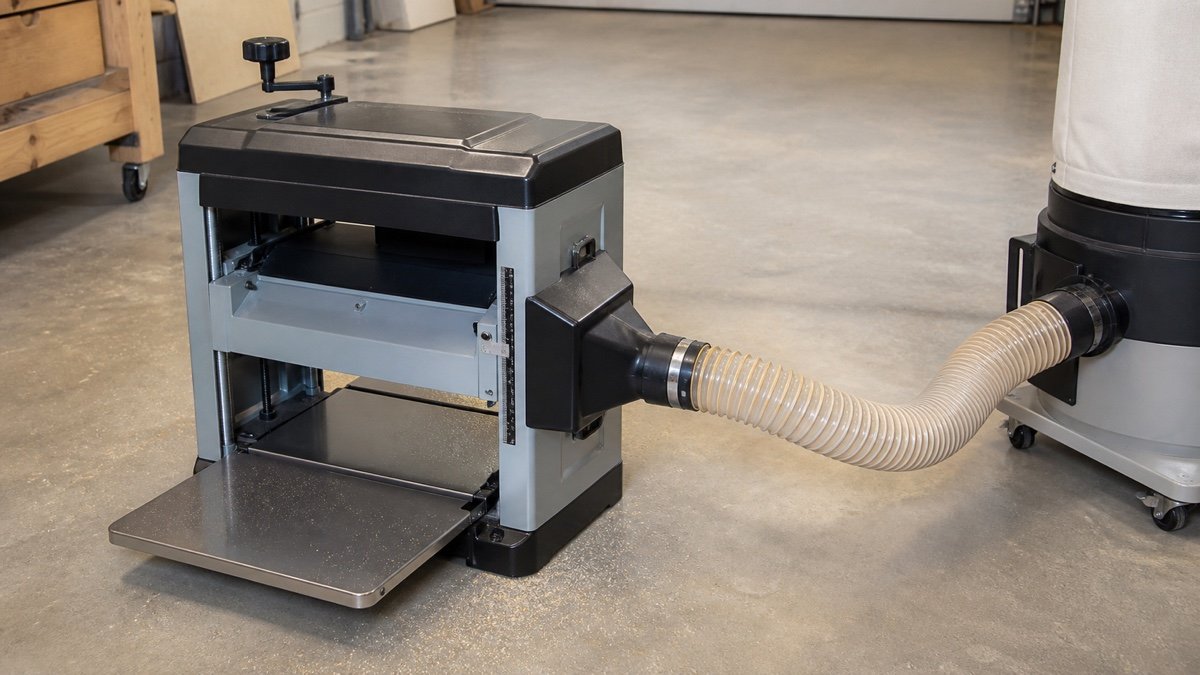 Unplugged thickness planer connected at its dust hood to a nearby collector with a short hose