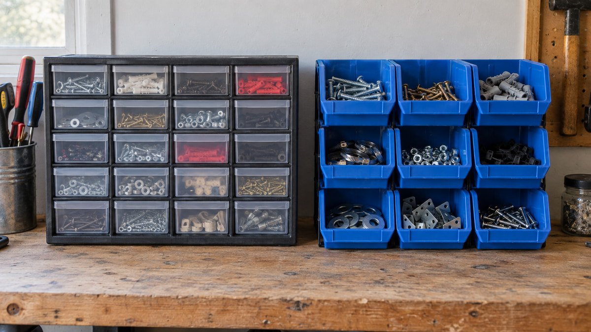Side by side small parts drawers and open front bins holding garage hardware