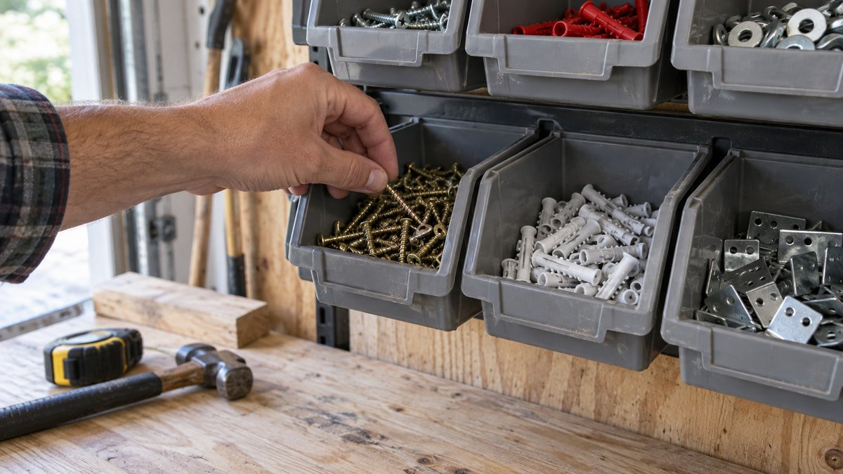 Hand reaching into an open front bin filled with common wood screws