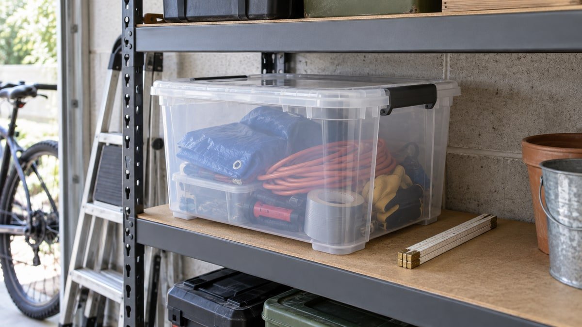 Clear lidded storage tote fitting fully on an eighteen inch deep shelf