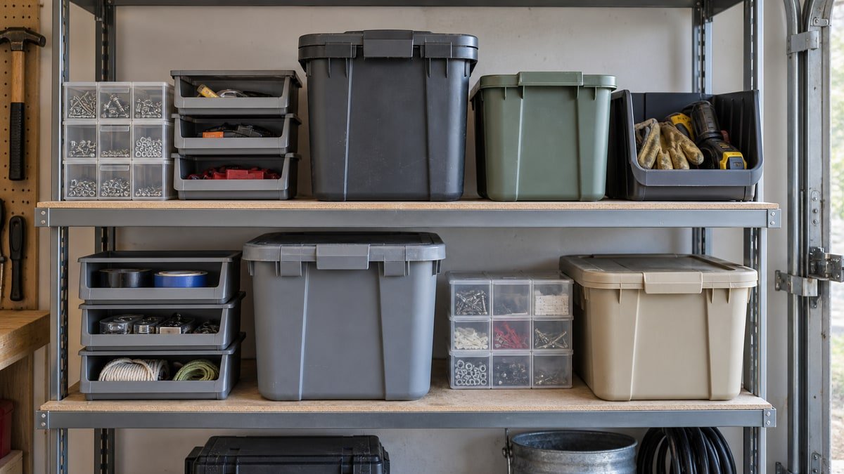 Shallow parts bins and medium storage totes organized on garage shelves