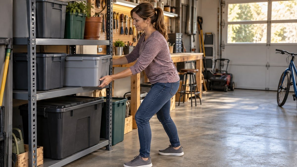 Homeowner removing a medium tote from a waist height garage shelf