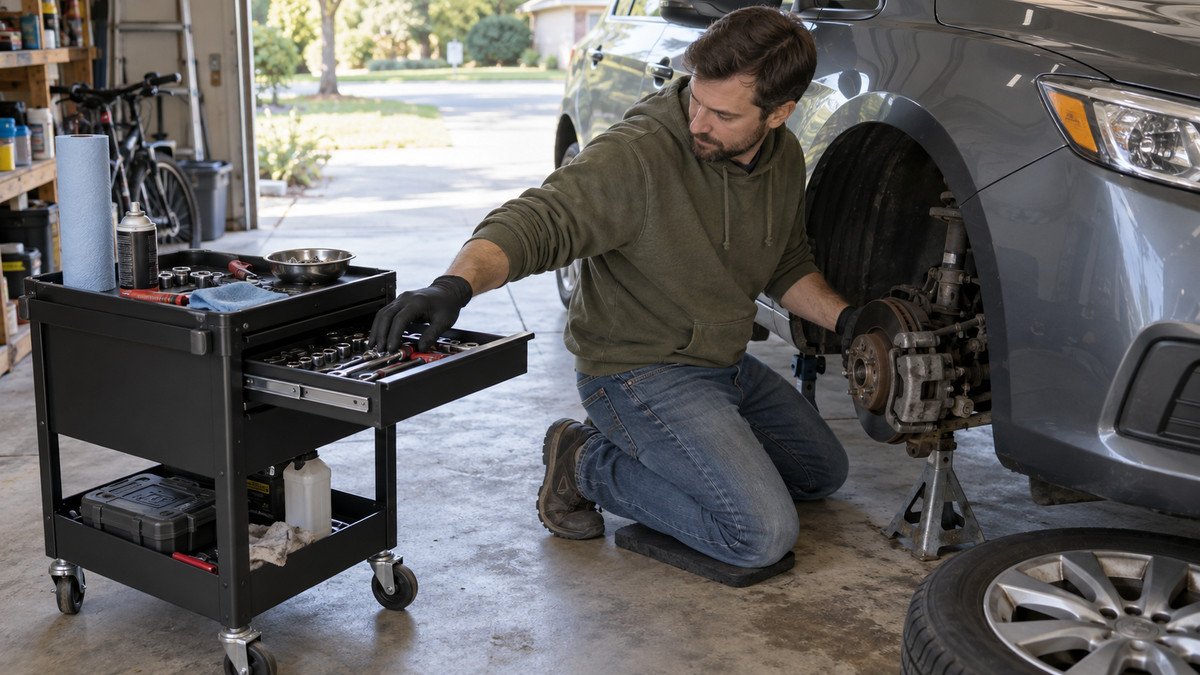 Rolling tool cart parked beside a car during a home garage repair