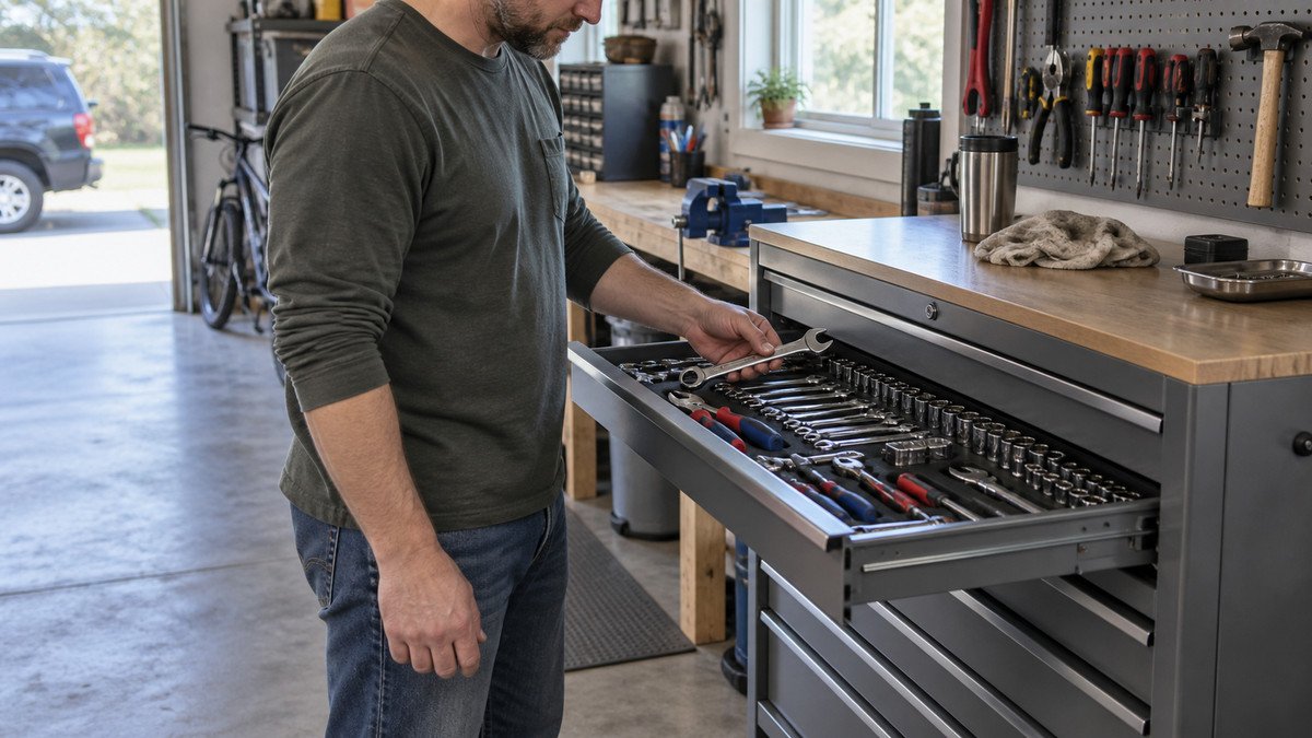 Homeowner selecting a wrench from an organized rolling tool chest drawer