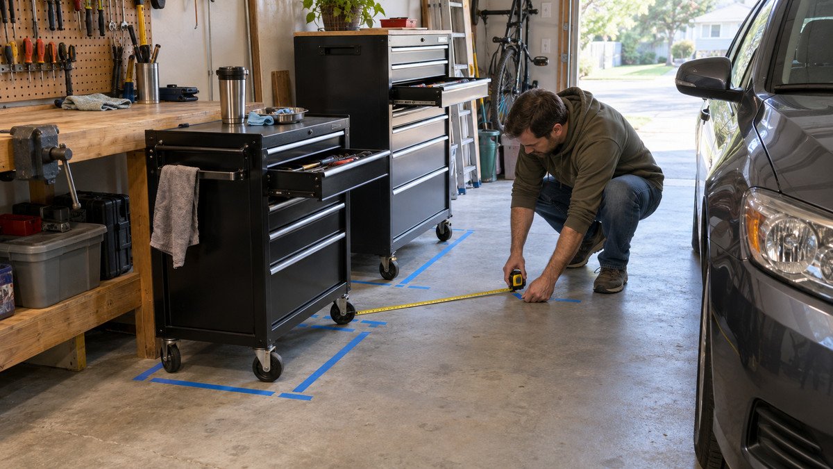 Homeowner measuring floor space around a tool cart and rolling chest