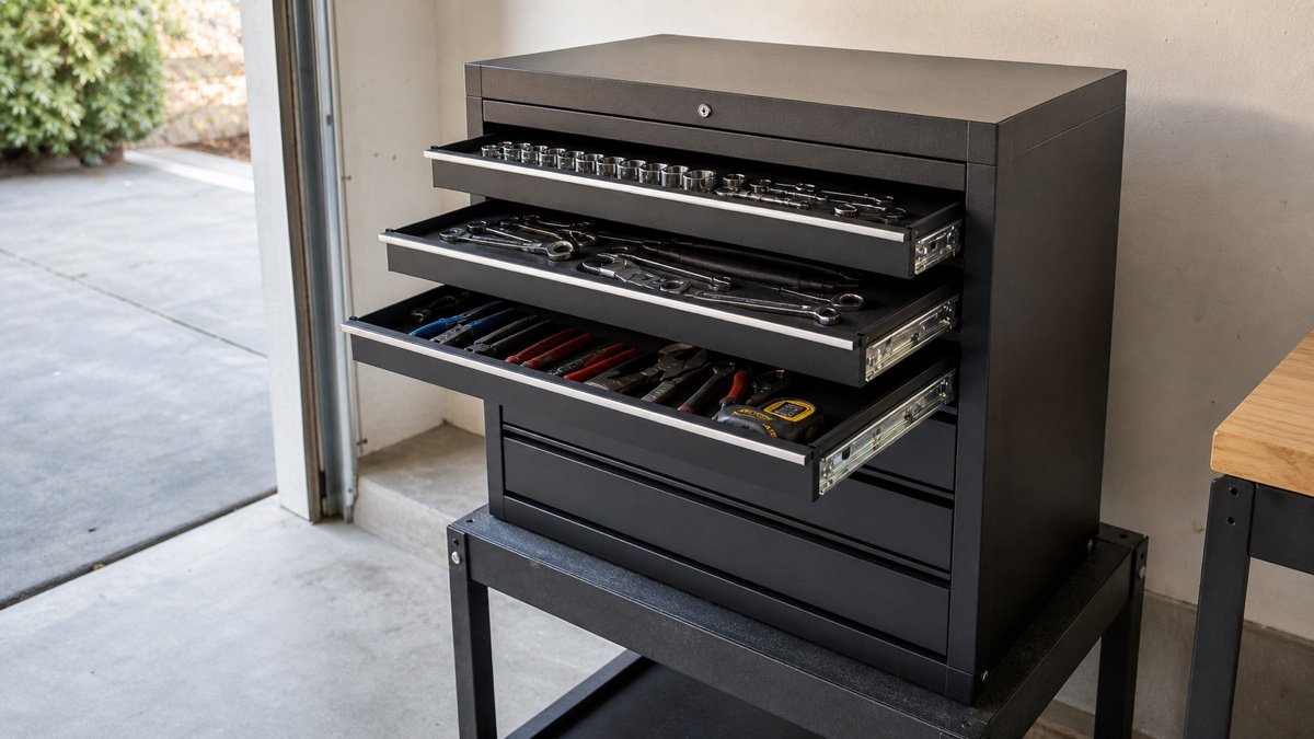 Open shallow drawers in a top tool chest showing organized hand tools