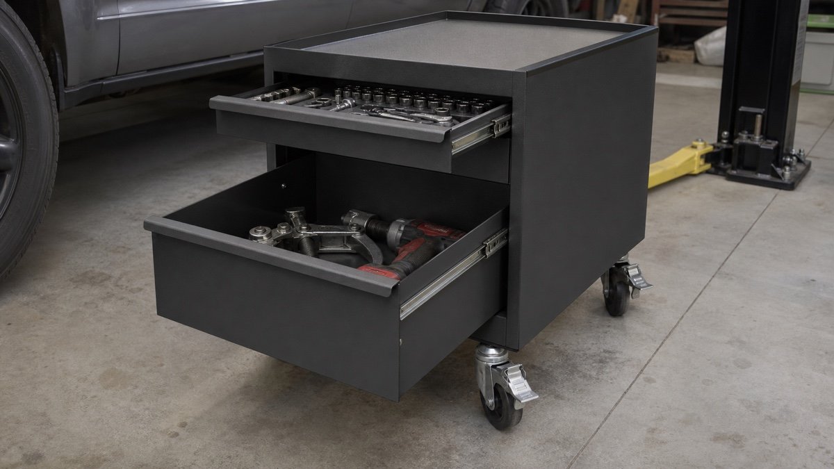 Rolling steel tool cabinet with deep lower drawers and locked casters