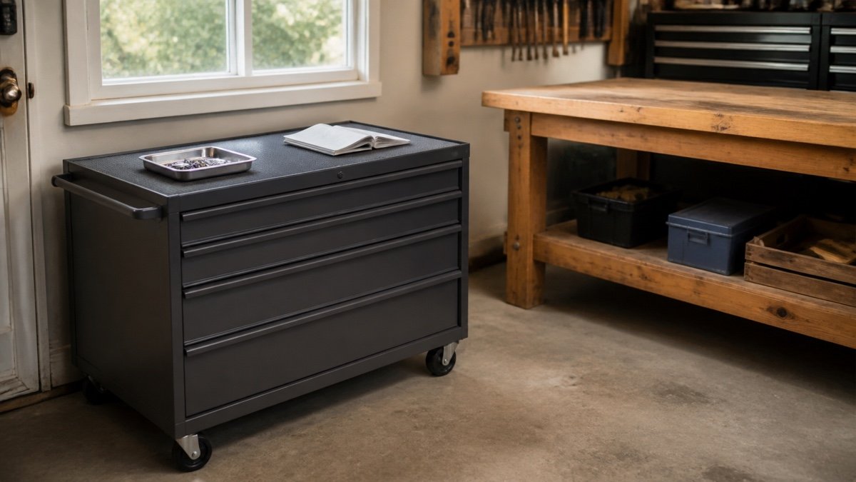 Low rolling tool cabinet used as a work surface beside a garage workbench