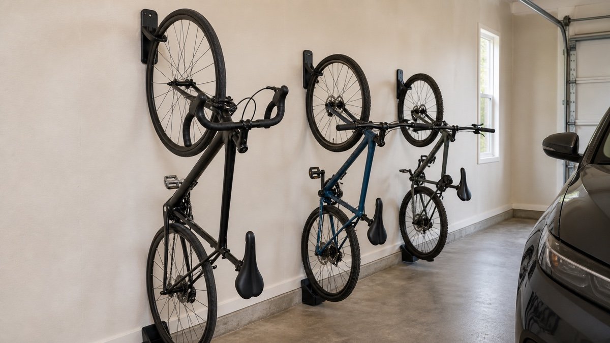 Three bicycles staggered on vertical wall hooks in a narrow garage