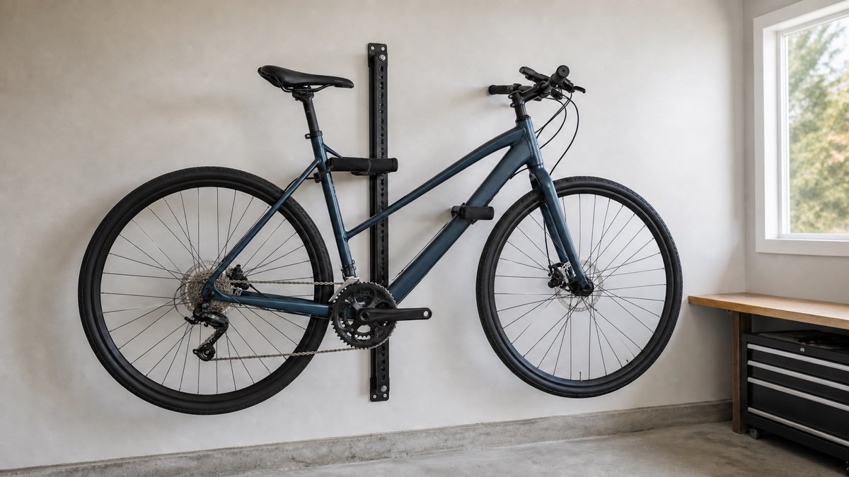 Single bicycle supported horizontally on adjustable padded wall arms