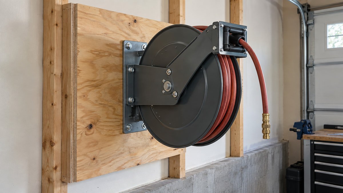 Air hose reel bracket mounted on substantial plywood backing across wall framing