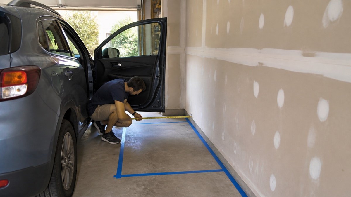 Tape outline marking a proposed garage workbench footprint