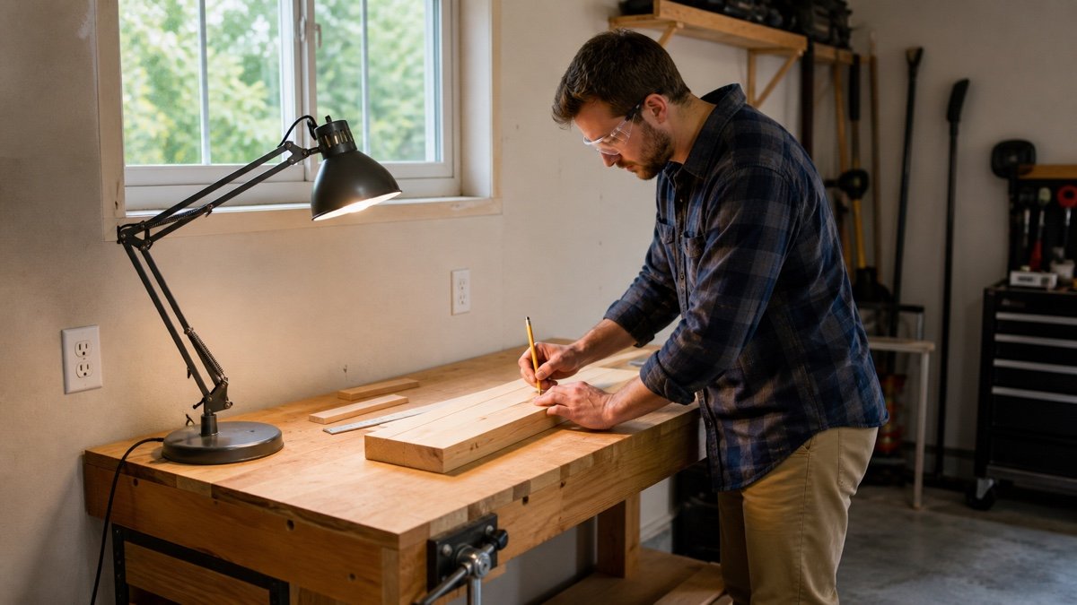 Garage workbench near window with focused task lighting