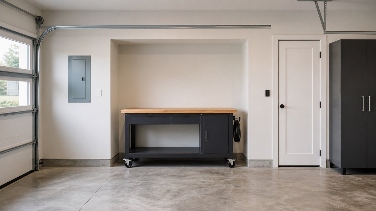 Mobile workbench stored in a compact garage parking nook