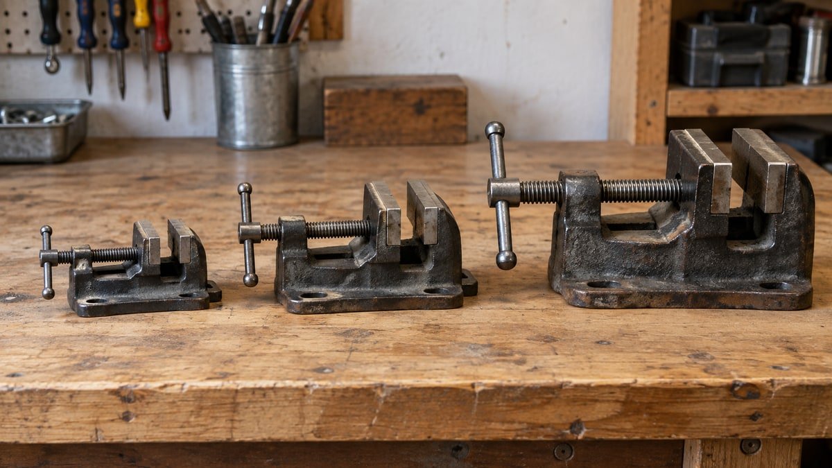 Small medium and large bench vises compared on a wooden workbench