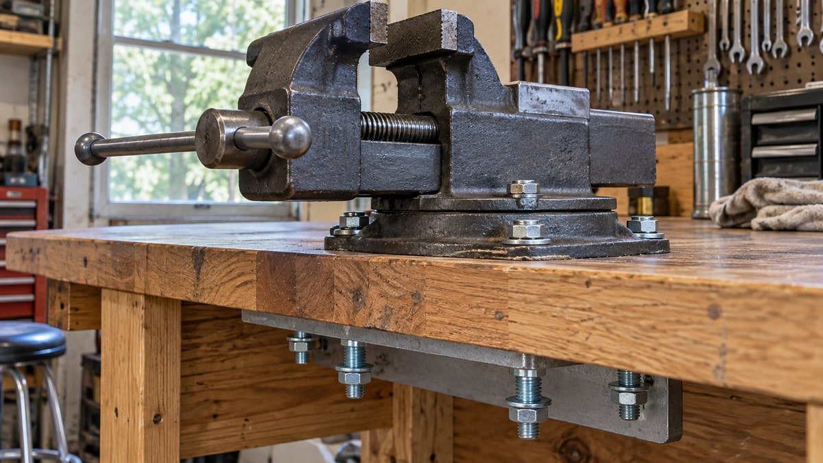 Bench vise secured through a thick worktop with bolts and backing plate