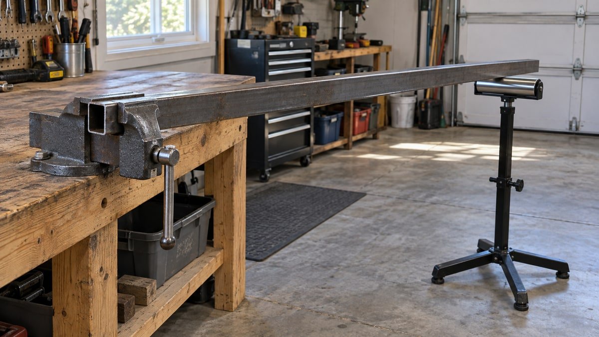 Long steel tube clamped safely in a corner mounted garage bench vise